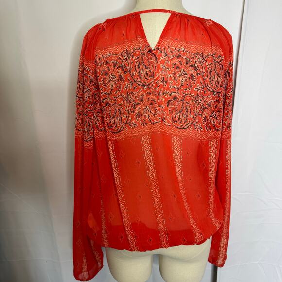 Lucky Brand Red Floral Boho Peasant Top XL Long Sleeve Tie Neck Blouse - Picture 3 of 6